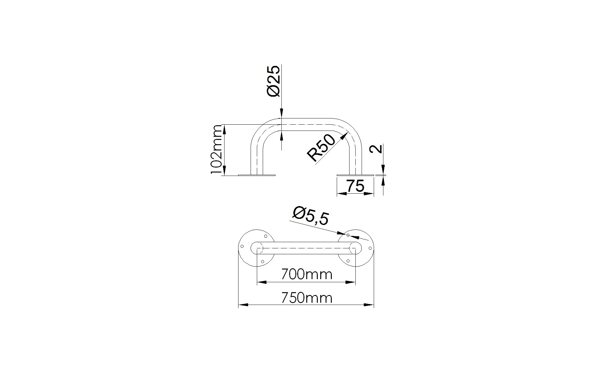 Uchwyt prosty 70cm - rysunek techniczny. Uchwyt prosty 70cm - rysunek techniczny.