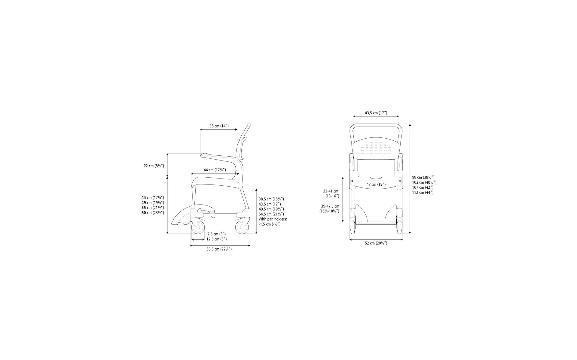 Wózek prysznicowy Etac Clean - wymiary. Wózek prysznicowy Etac Clean - wymiary.