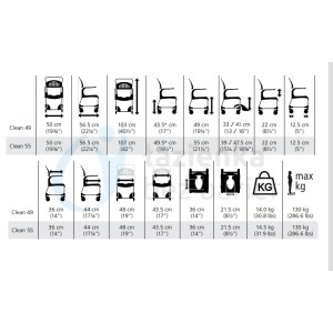 Szczegółowe wymiary wózka Etac Clean. Szczegółowe wymiary wózka Etac Clean.